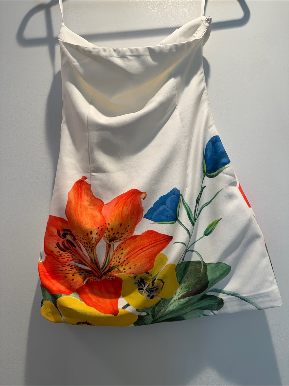 White A-Line Floral Skirt with Vibrant Orange & Blue Blooms